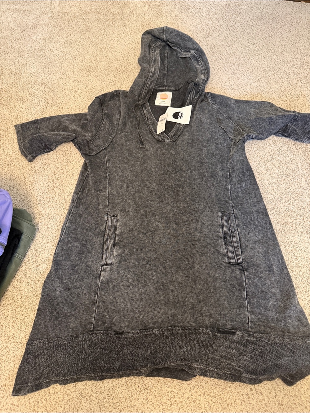 Washed Charcoal Hooded Mini Dress - Relaxed Short Sleeve